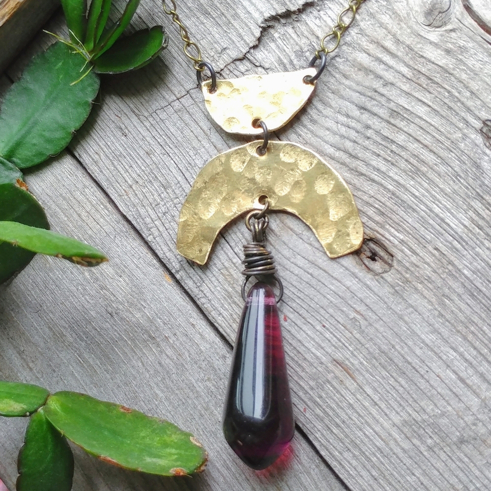 Purple Teardrop & Hand Hammered Brass